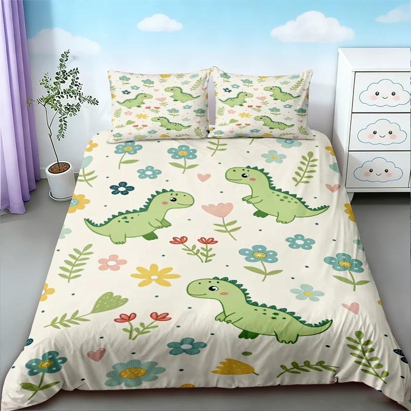 Cute Dinosaur Bedding Set, Cartoon Kids Dino Duvet Cover Pillowcase, for Boys Girls Bedroom Decor Twin Full 2/3Piece Bed Set