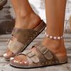 Sandales plates rétro géométriques à boucle métallique pour femmes, à bout ouvert, chaussures d'été pour la plage, pantoufles pour femmes