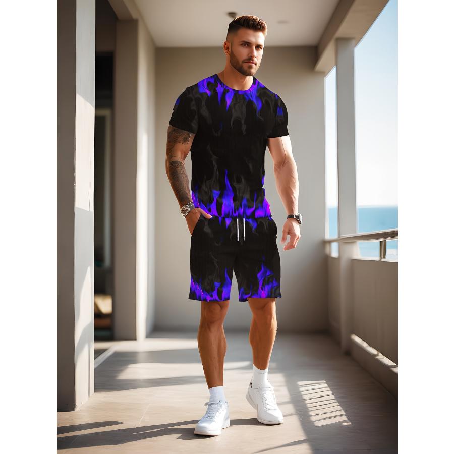 T-shirt da Uomo Manica Corta Pantaloncini Set Due Pezzi Stile Resort Moda Estate Stampa 3D