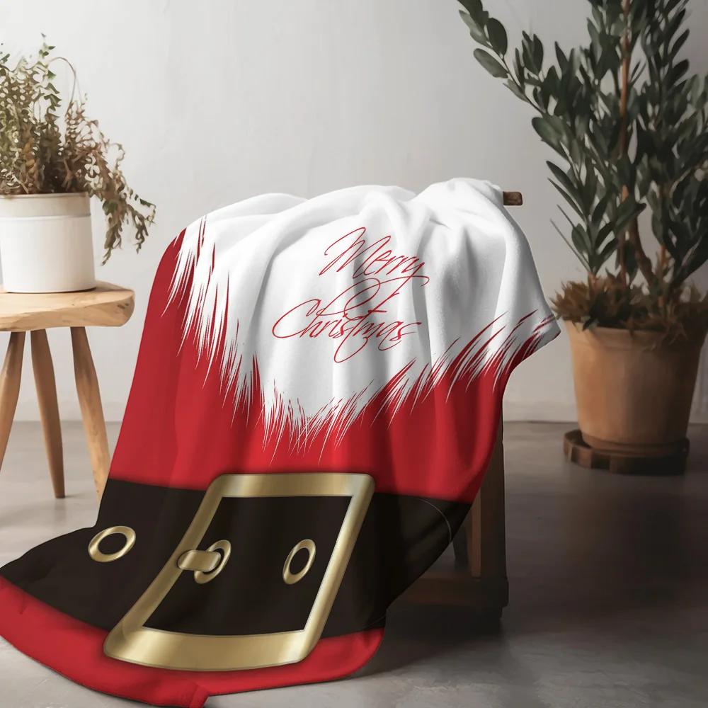 Santa Beard and Belt Fleece Blanket, Red with White Fur Trim Design, Festive Face Pattern for Christmas Sofa Decoration