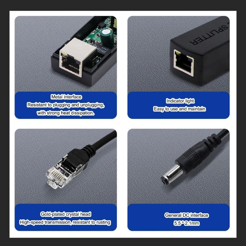 IEEE802.3af/at Compliant Power Over Ethernet Splitter 48V to 12V 1.2A Voltages Converters DC5.5x2.1mm Port POE Splitters
