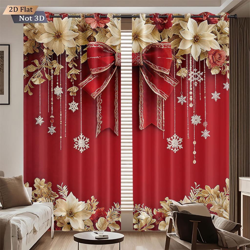 2pcs Christmas ball bow red printed blackout curtains multiple size living room insulation holiday decoration   machine washable
