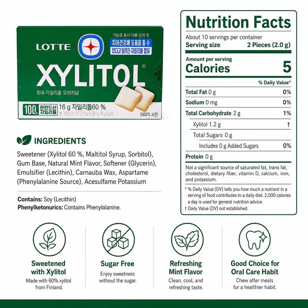 Lotte Xylitol Chewing Gum 16g Long‑lasting fresh flavour, xylitol formula for refreshing your mouth
