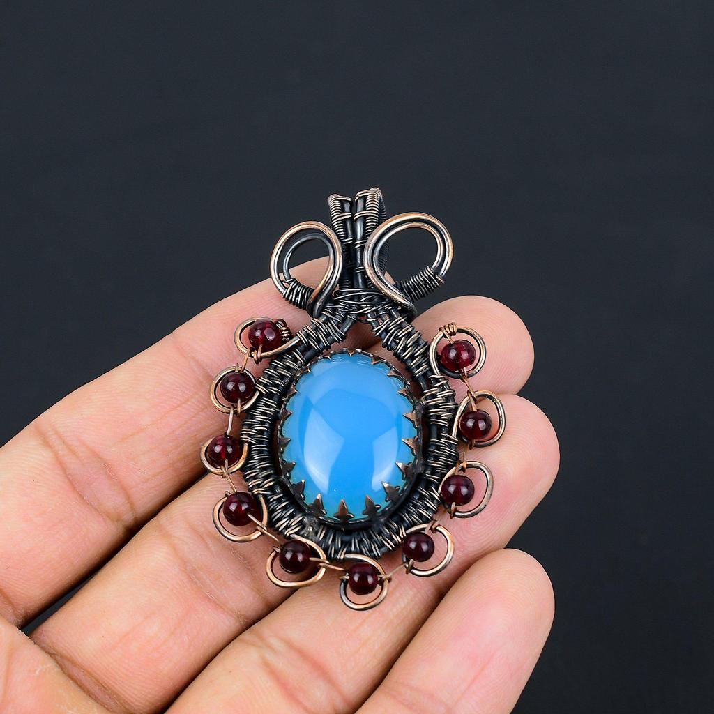 Blue Chalcedony Gemstone Pure Copper Wire Wrapped Handmade Pendant Jewelry