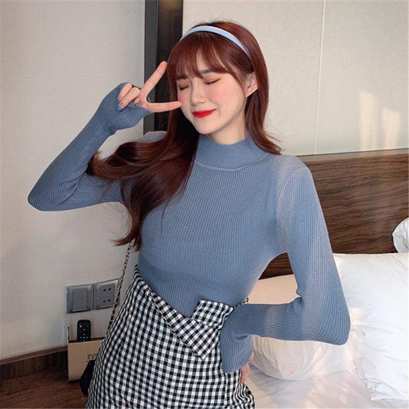 Fashion Solid Half High Neck Knitted Sweater Women Slim Fit Casual Elegant Pullover Sweaters Autumn and Winter Long Sleeve Knitwear Sweater Tops 24841