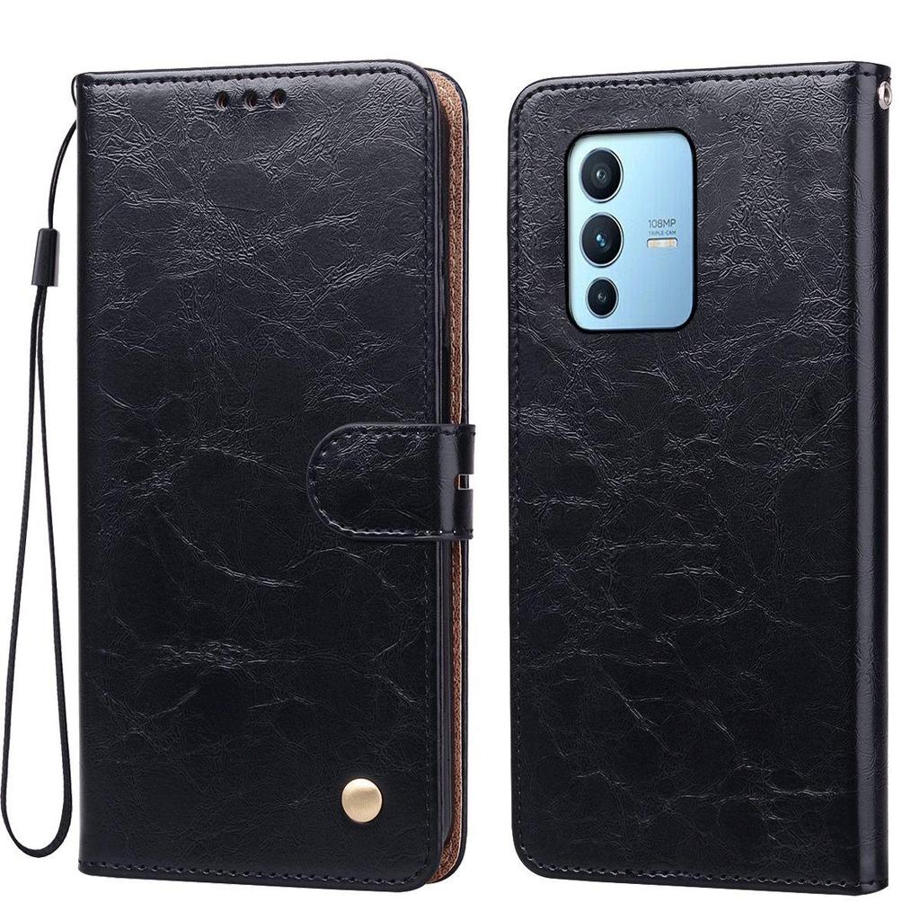 Vintage Crazy Horse Texture PU Leather Flip Wallet Phone Case for Vivo V23 5G Card Holder Kickstand Shockproof Protective Cover