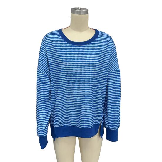 Women Striped Oversized Sweatshirt Long Sleeve Crewneck T-Shirt Split Hem Waffle Knitted Tunic Top Casual Fall Sweater