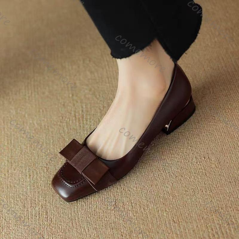 Fashion Comemore Spring Autumn Women's Bow Retro Middle Heel Single Shoes Square Head Leather Pumps Fashion Elegant Thick Heeled Shoes