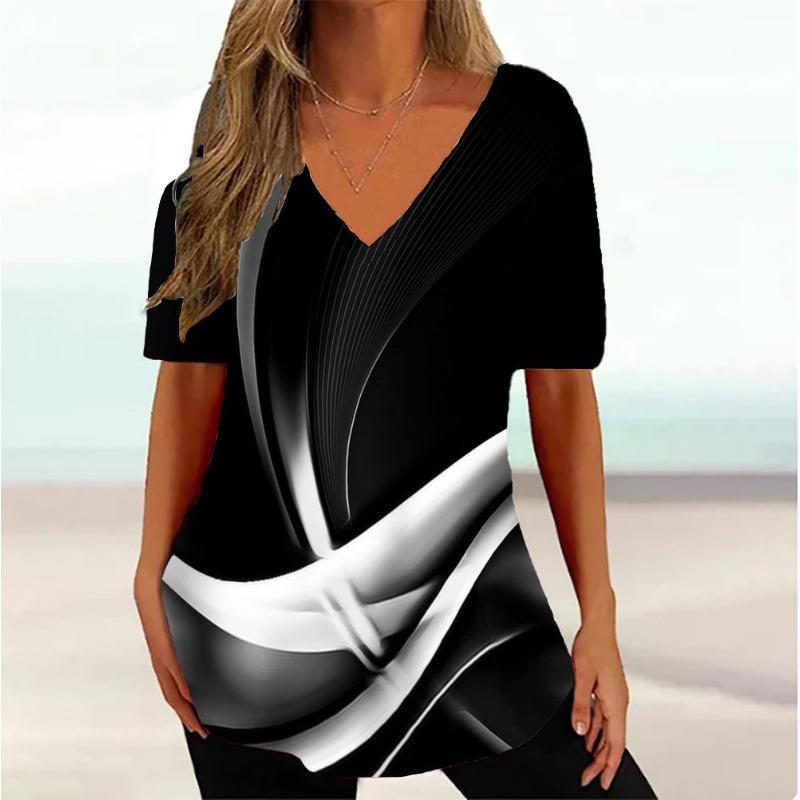 Mode Einfache Wellenkurve 3D-Druck T-Shirts Damen V-Ausschnitt Kurzarm T-Shirt Y2k Harajuku T-Shirts Lässige Tops Damenbekleidung
