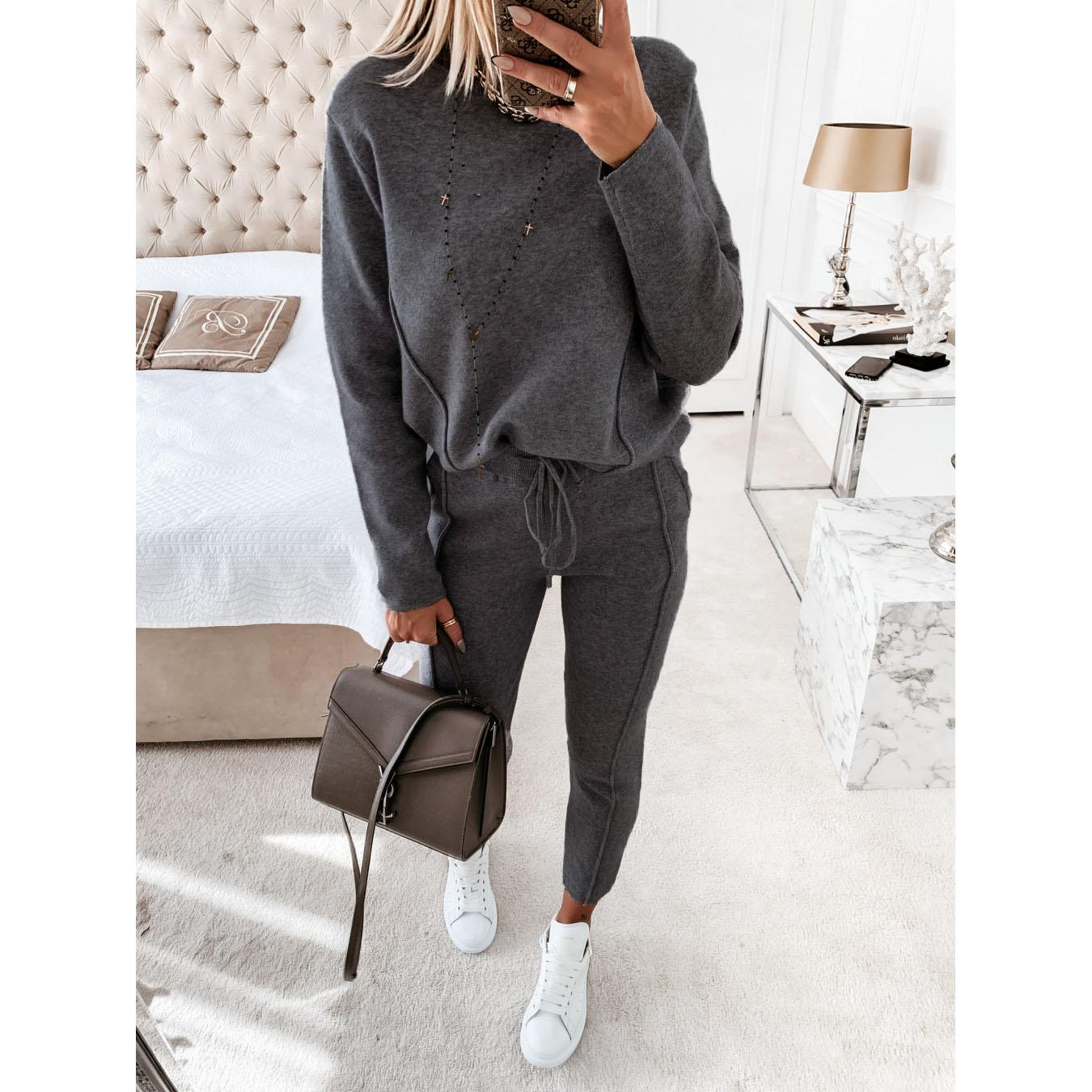 

Осень-зима Длинные рукава Пуловеры Женские наряды Толстовки Спортивные штаны на шнурке Комплект из двух частей Большие размеры L темно серый