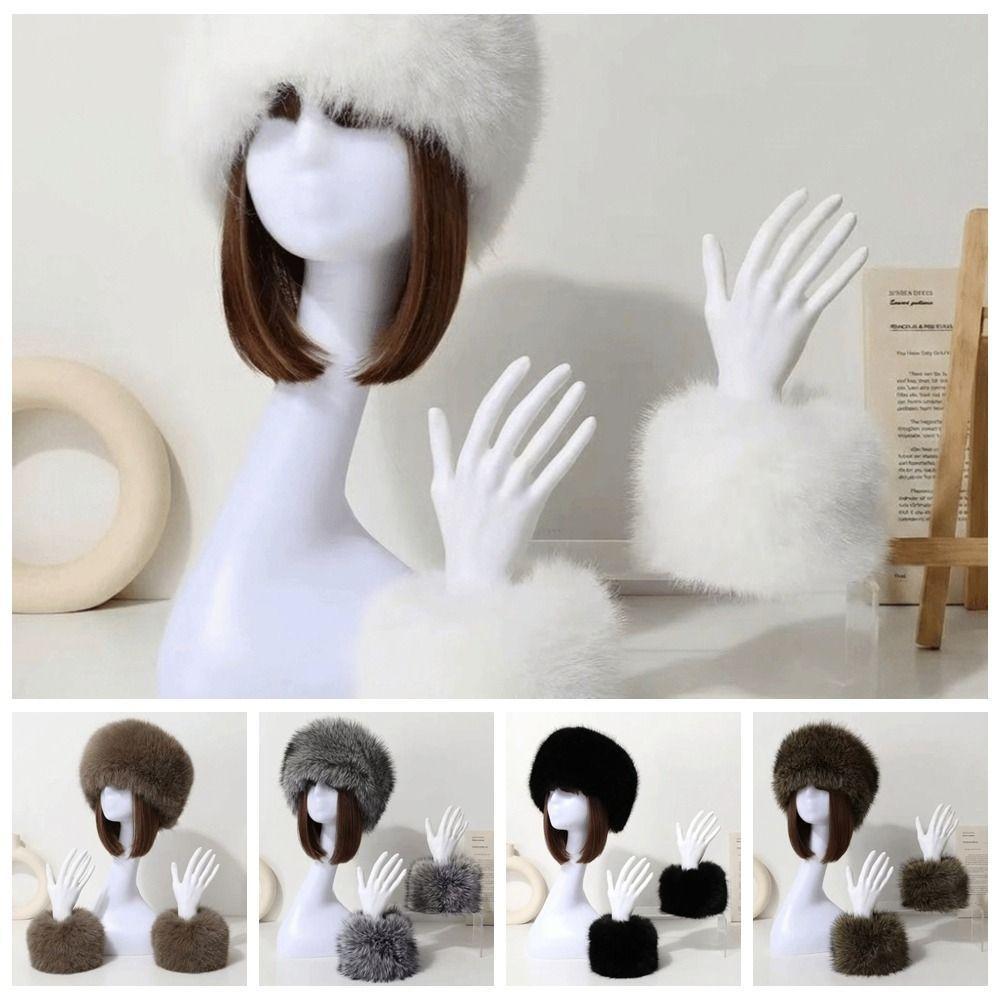3Pcs/Set Elastic Wide Fur Cuffs Hat Soft Plush Headwraps Retro Warm Thick Hairband Outdoor Sports