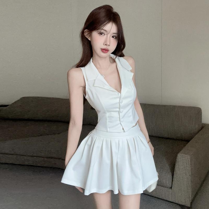 

Модный женский жилет чистого желания темперамент жилет с высокой талией плиссированная юбка комплект L