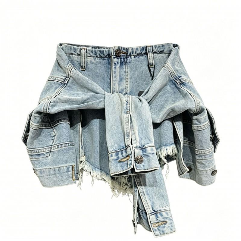 Distressed Asymmetrical Long Sleeve Tie-Up Skort