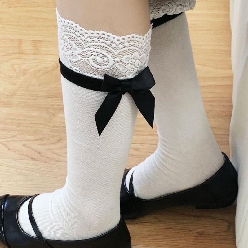 1-2pairs 2025 New Japanese Girl White Lace Bow Calf Socks Lolita Cute Knee High Mid Leg Socks Y2K Pile Socks