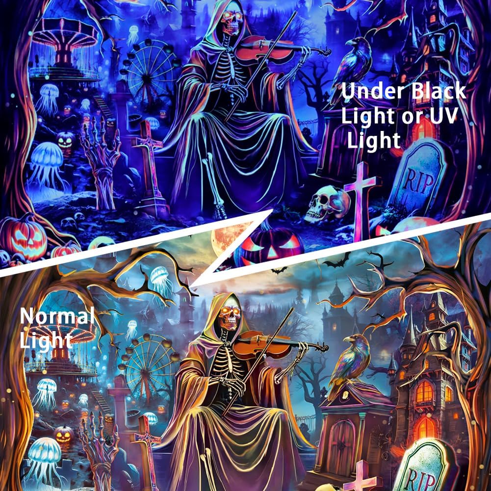 Yuiqear Blacklight Skull Tapestry UV Reactive Halloween Tapestries Psychedelic Moon Castle Tapestries Horror Pumpkin Tree Tapest