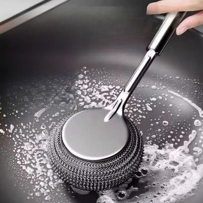 Household Stainless Steel Pot Brush Lengthen. Kitchen Specific Brush Pot Artifact Cleaning Brush. Long Handle Universal Steel Wire Ball Brush