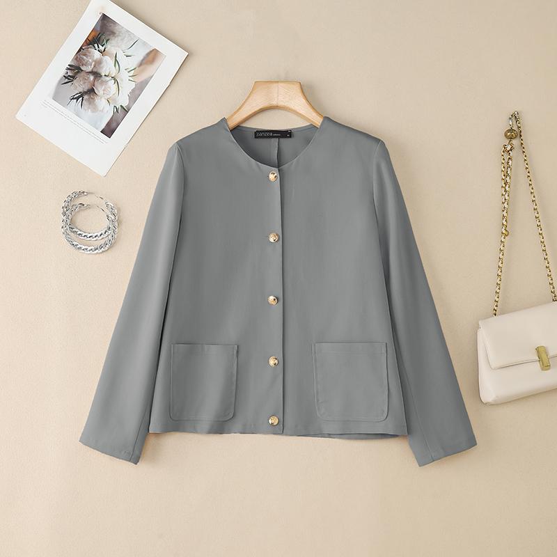 ZANZEA Women Casual Round Neck Loose Long Sleeve Plain Blouse