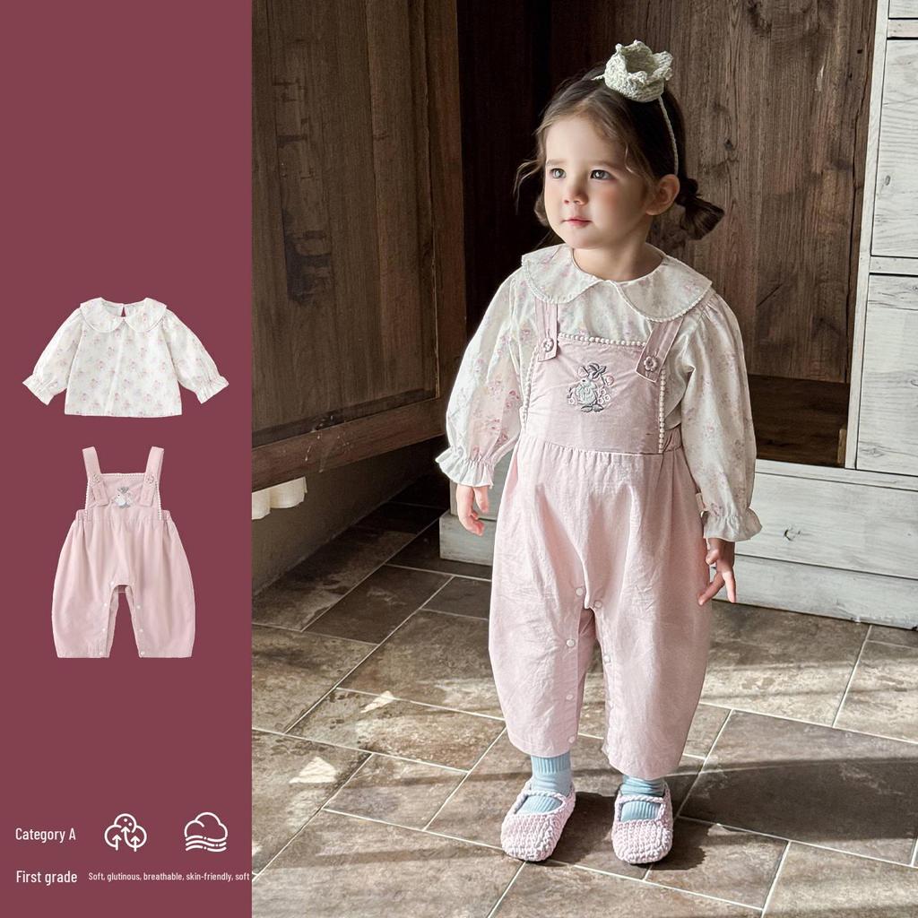2026 Spring Korean-Style Floral Long-Sleeve Shirt & Top Set for Girls