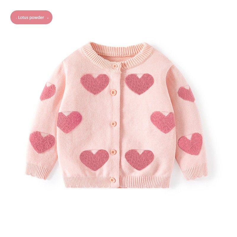 Spring and Autumn Kids Heart Combed Cotton Long Sleeves Sweater Girl Fleece-lined Cardigan Top Baby Girl Knitwear Outwear