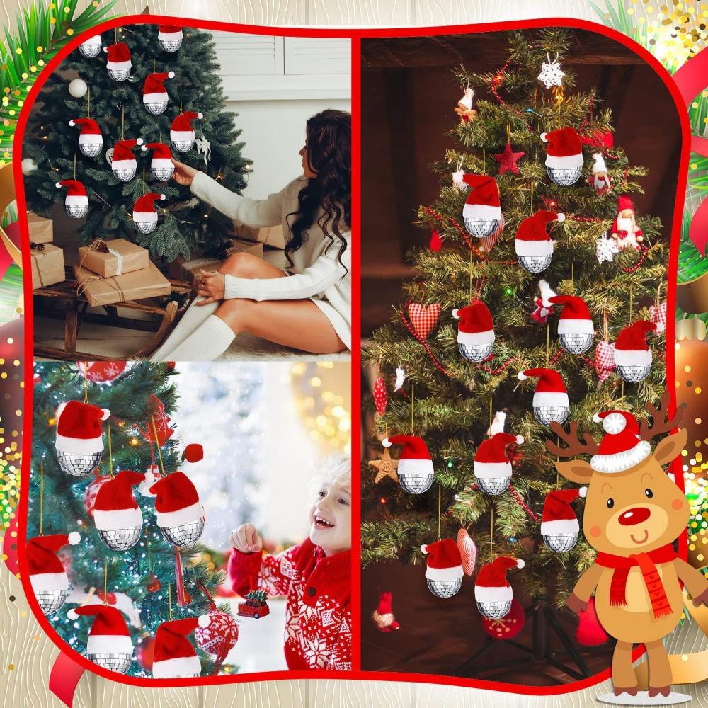 12pcs Christmas Decoration Balls Red Christmas Hat Mirror Disco Ball Pendant Xmas Tree Hanging Ornaments Home Party Decoration Gift