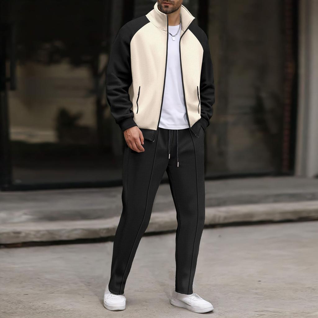 Men  Waverg  Zipper  Pocket  Flip Collar  Self-Cultivation  Cardigan  Jacket  Set