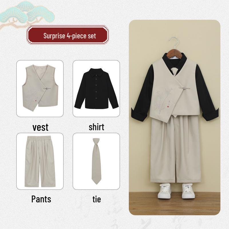 Boys' Chinese-Style Embroidered Velvet Vest and Suit for Autumn/Winter Photography and Performance