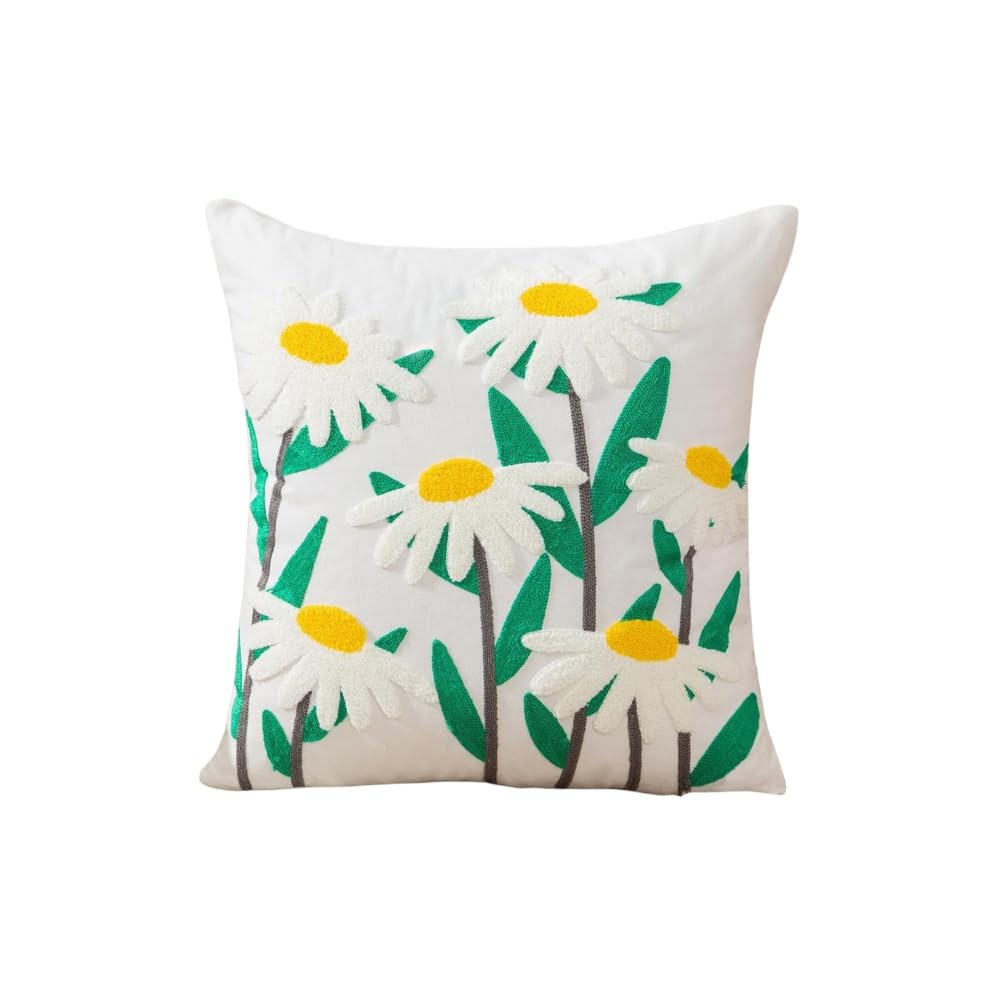 Stylish Embroidered Cushion Cover for Living Room or Botanical Elegant Cushion Cover with 3D Embroidery Bedroom, Floral, Nordic, Natural, 45x45cm,