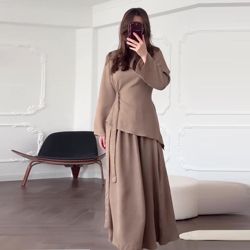 2024 Autumn Women's Solid Color Lace-Up Waist-Gathering Long Dress Set - European and American Casual Style