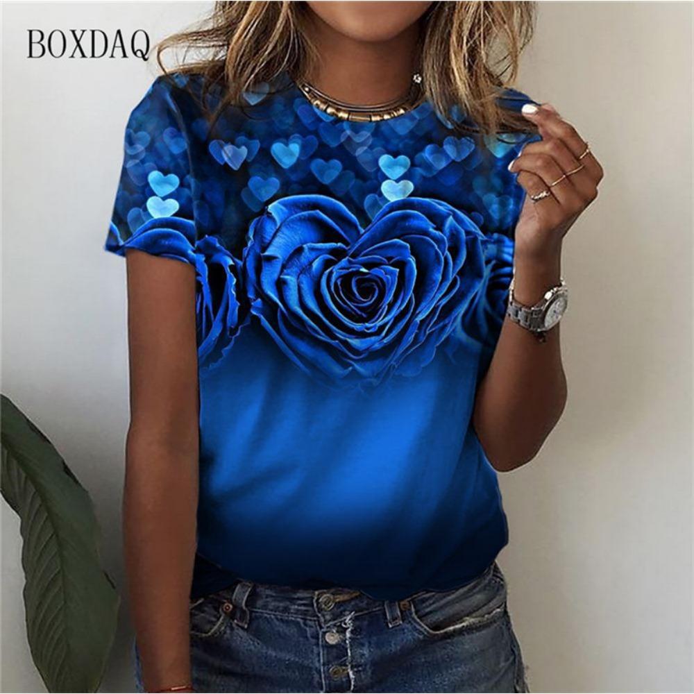 Love Heart Floral Pattern Women Fashion T-Shirts Summer Short Sleeve 3d Print Street Trend Ladies Tees Casual Tops