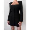 Fashion Wind Padded Shoulder Square Collar Dress Sexy Hip Skirt Square Neck Shoulder Pad Dress