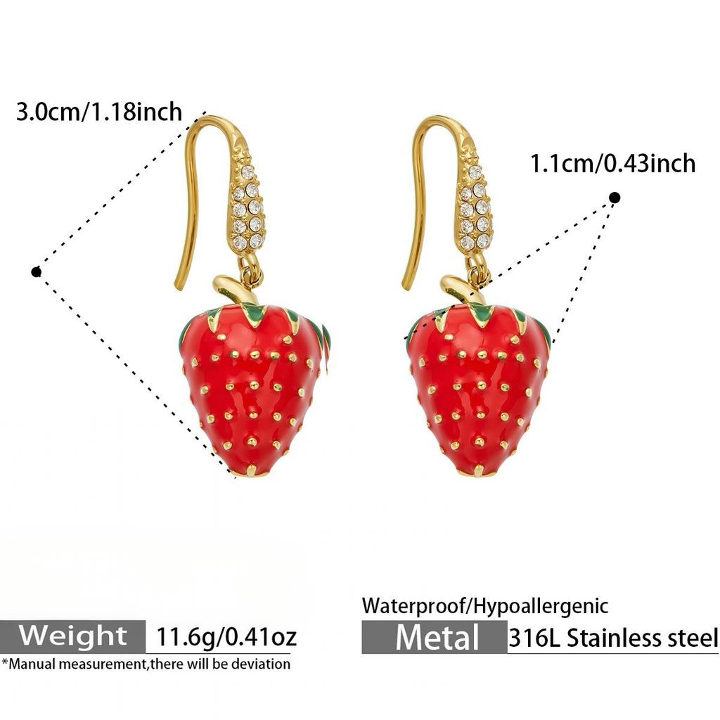 ERESI Fashion Hot-selling Strawberry Stainless Steel 18k Gold-plated Oil-drop Zircon Earrings Sweet and Fresh Jewelry Earrings