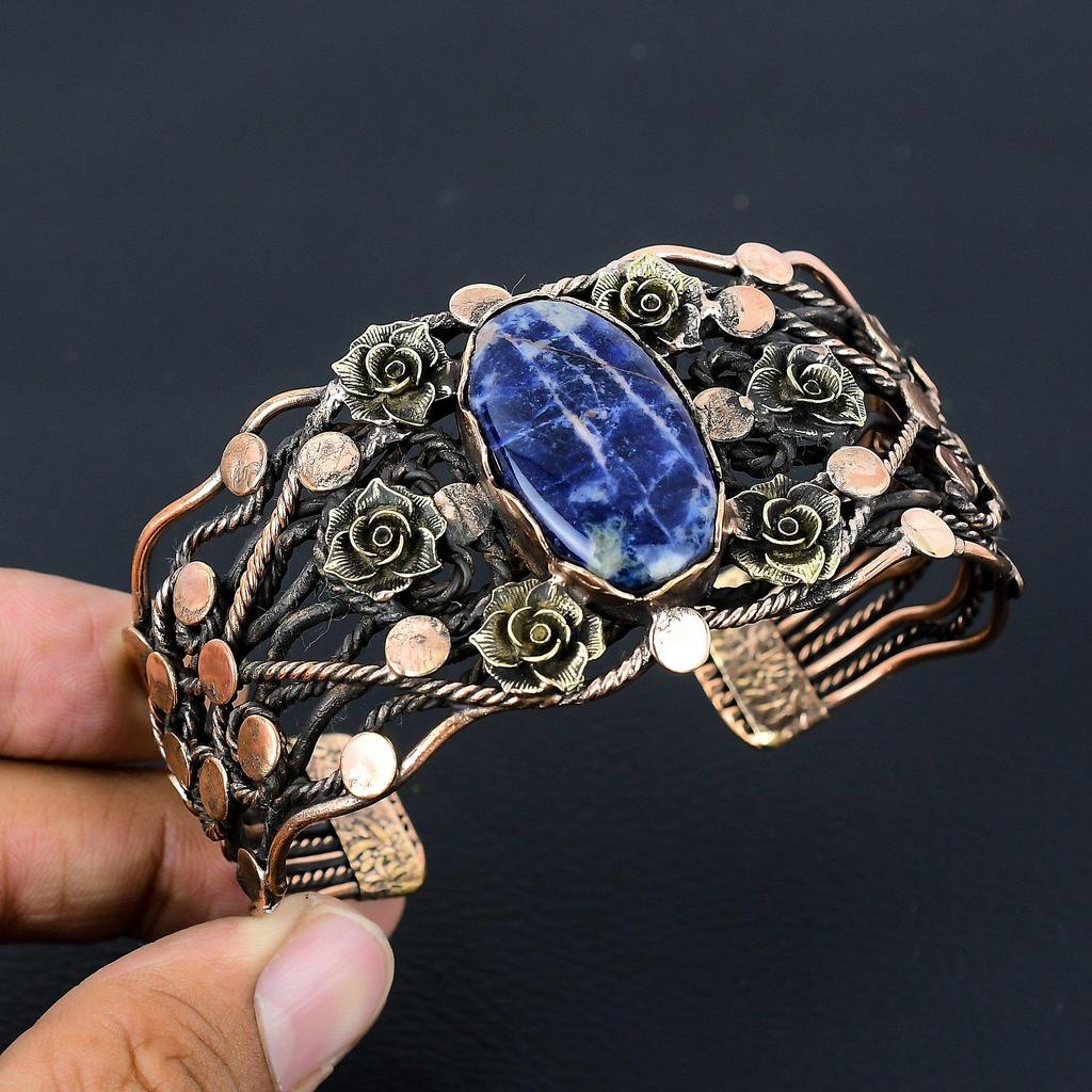 Sodalit Ädelsten Ren Koppartråd Lindad Handgjord Manschett/Armring Justerbart Smycke