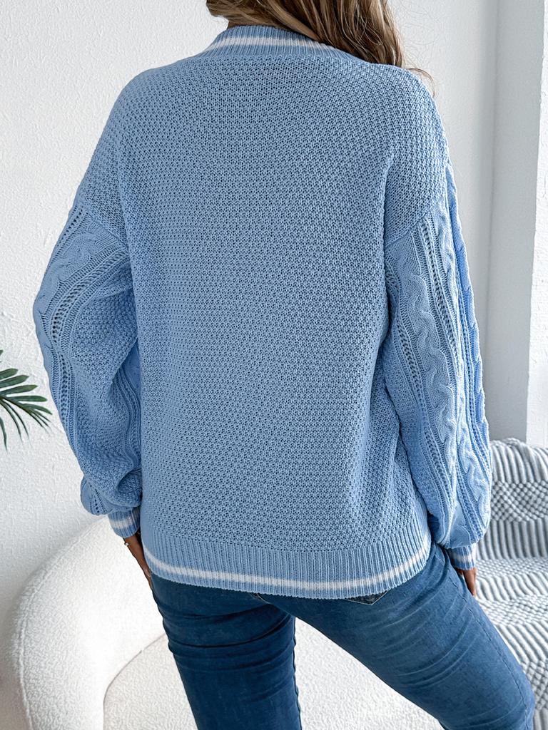Autumn New Style College Style Patchwork V-Neck Cable Knit Long Sleeve Sweater Women's Clothing