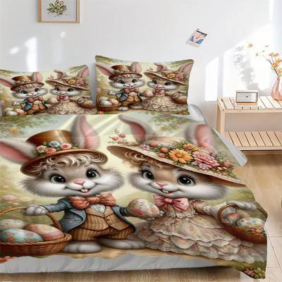 3pcs Easter Bunny Bedding Set - Includes One Quilt Cover and Two Pillowcases (No Core) - Anime Cartoon Design, Perfect for Bedroom and Guest
