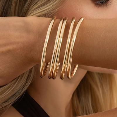 KunJoe 5Pcs/Set Minimalism Punk Metal Round Bangles Women Retro Irregular Stackable Gold Color Glossy Wide Cuff Bracelet Jewelry