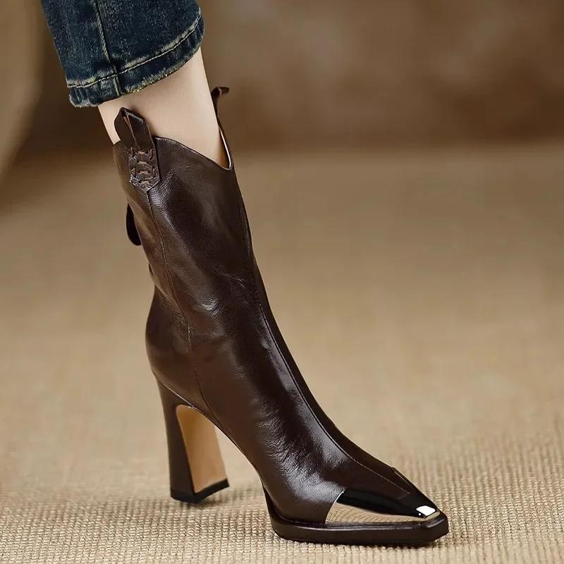 Women Boots High Quality Leather High-heeled Boots Fashion Pointed Short Boot Vintage Metal Pointe Women Ankle Boots Botas Mujer