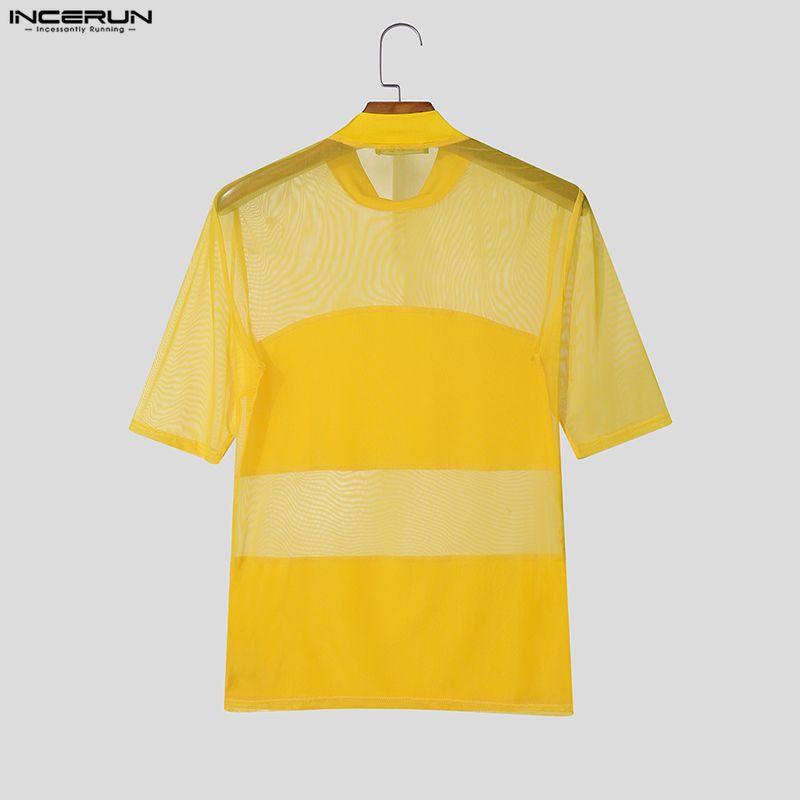 INCERUN Summer Men O Neck Short Sleeve Mesh See Through Patchwork T-shirts Tops