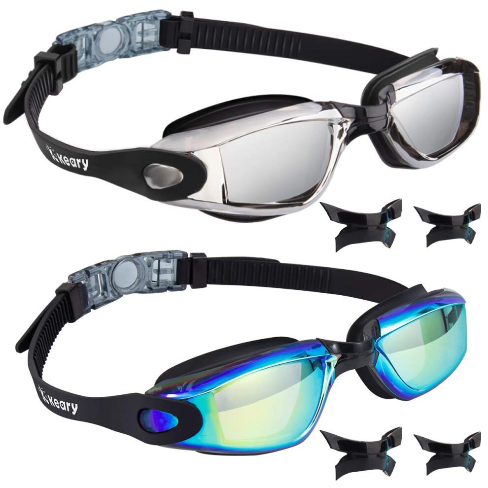 Keary Swim Goggles 2 Pack Anti-Fog Swimming Goggles for Adult Women Men Youth Junior Kids No Leaking UV Protection Waterproof Mirrored Lens Triathlon
