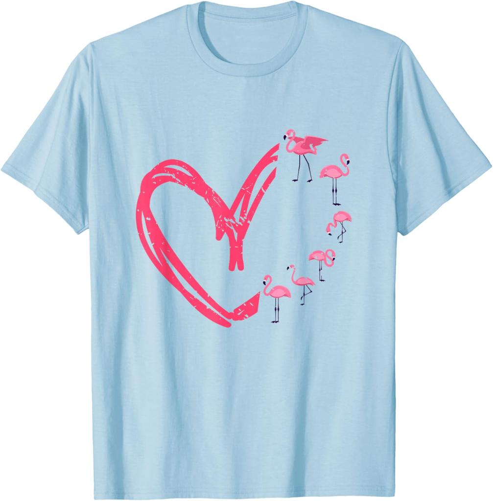 Flamingo Heart Graphic T-Shirt Casual Men's Short Sleeve Crewneck Cotton Tee Valentine Day