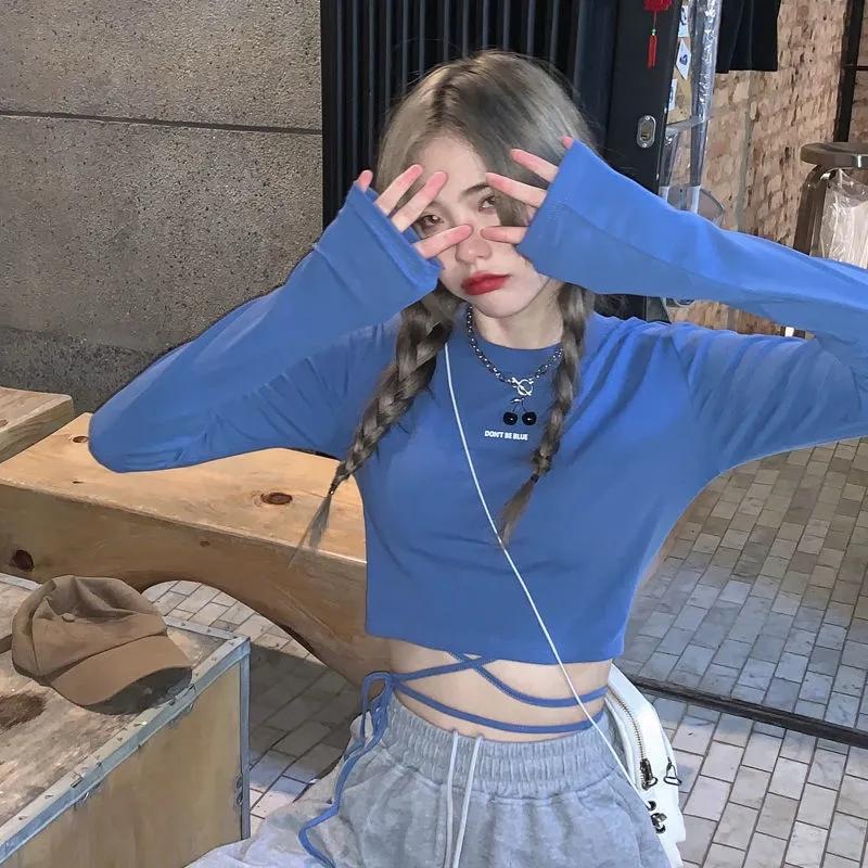 Langarm T-Shirts Frauen Cropped Ins Prevalent Bandage Tops Harajuku Ulzzang Street Spring Girl Causal Slim Shirts