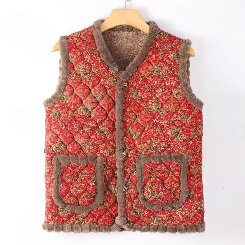 Camel Floral Fleece-Lined Tassel Vest: Versatile Spring & Autumn Wear for Middle-Aged and Elderly