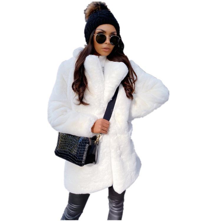Women's Solid Color Lapel Long-Sleeve Faux Fur Coat - European & American Style, Warm, Large Size