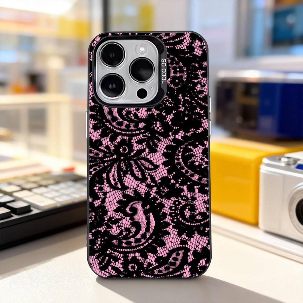Lace Print Pattern Phone Case For iPhone 17,16,15,14,13,12,11,Pro,XS,Max,Plus,Mini,SE4,E Black Matte Shockproof Cover