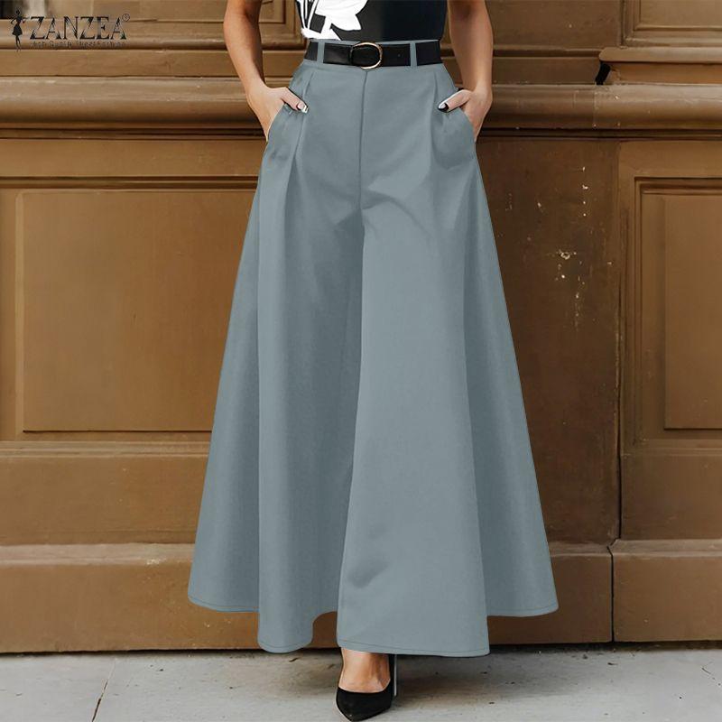 ZANZEA Womens Casual Solid Color Loose Wide Leg Pants