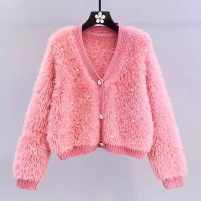Autumn Winter Women V-neck Luxury Beading Heart Button Mohair Furry Knitted Sweater Christmas Cardigans Tops