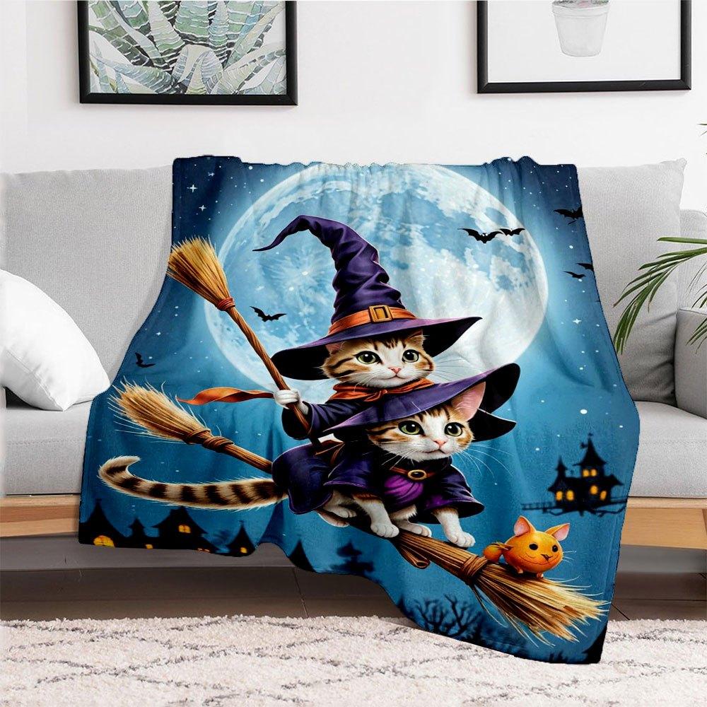 Halloween Witch Cats on Broomstick Wall Art PrintBlanket Flannel Throw Blanket for Sofa, Bed, Travel, Camping, Office, Couch, Chair