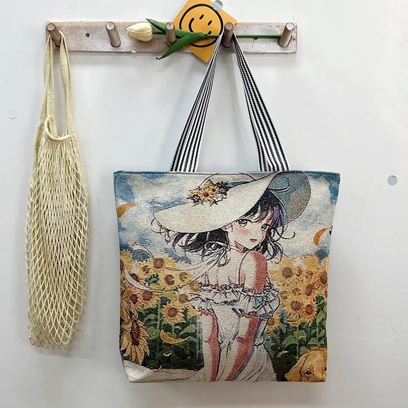 Large capacity tote bag gold silk embroidery canvas bag source creative pattern single-sided embroidery women's shoulder bag