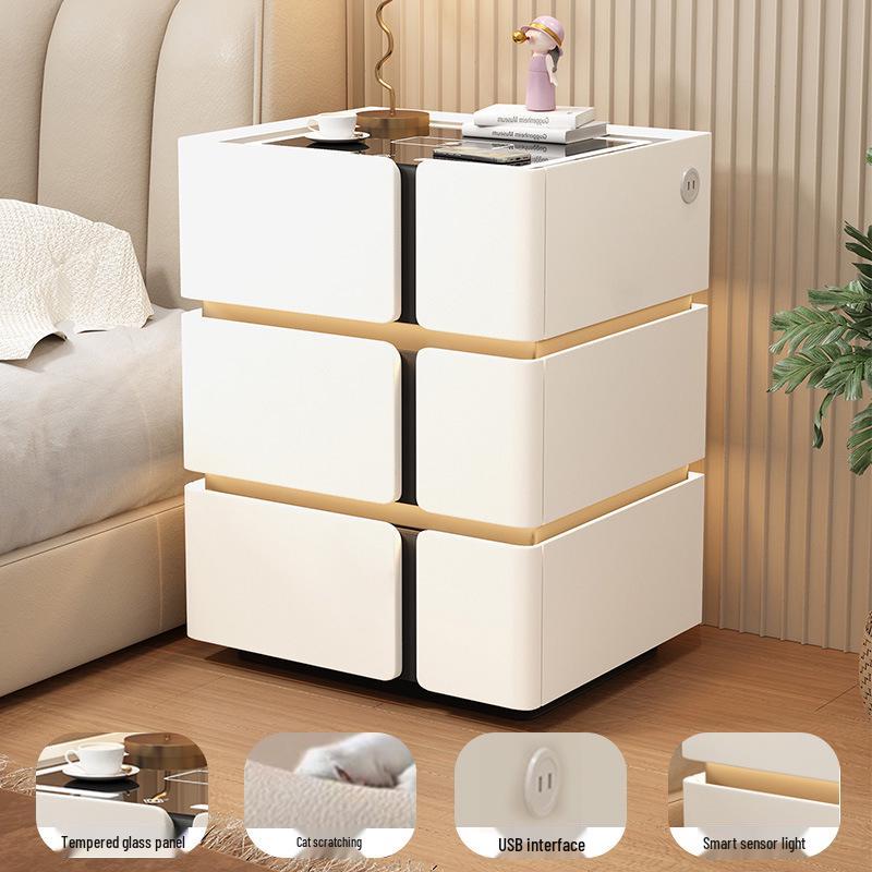 Solid Wood Smart Bedside Table with Wireless Charging, Modern Minimalist Design, Three-Layer Storage, Floor-Standing for Small Apartments.