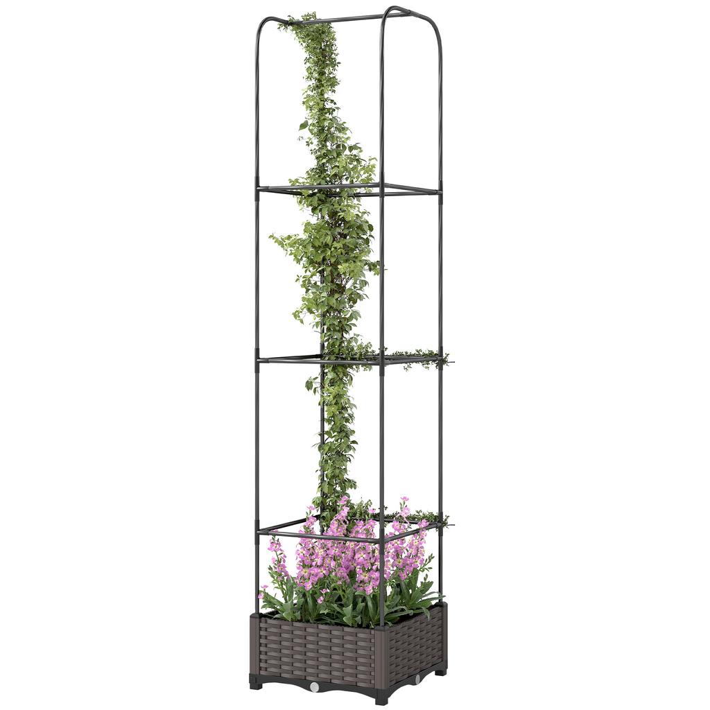 Raised Garden Bed with Trellis, Plastic Planter Box with Drainage Holes, Drain Plugs and Water Reservoirs