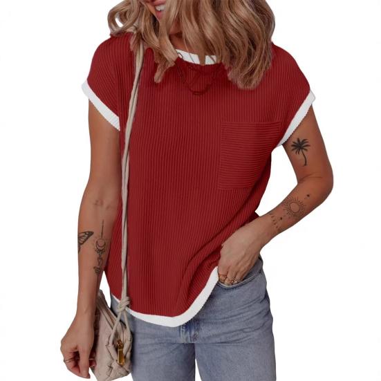 Women T-shirt Round Neck Short Sleeve Pocket Decoration Tee Shirt Color Block Loose Fit Tee Shirt Leisure Wear